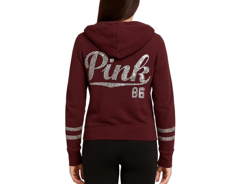 Pink Victorias Secret Sequin Zip Up Hooded Sweatshirt Size Medium Y2K